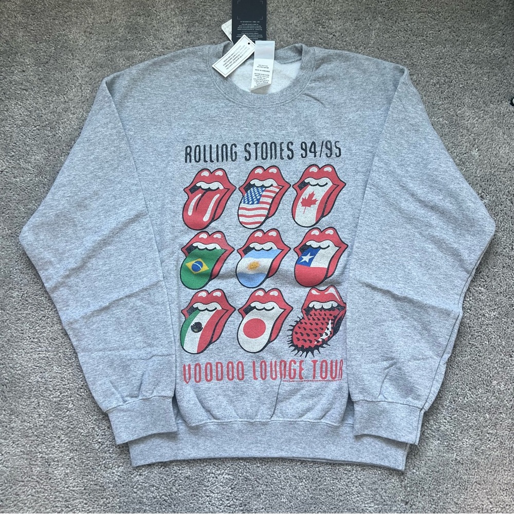 Junk Food Clothing Gray Crewneck Sweatshirt with Red Graphic Tongue Logos